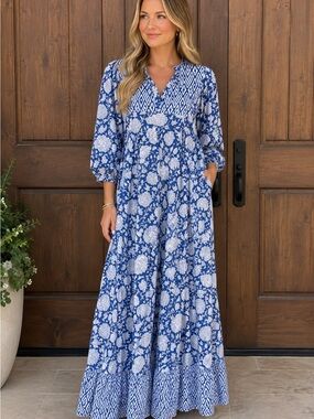 Karni Boho Blue Floral Maxi Dress with V-Neck